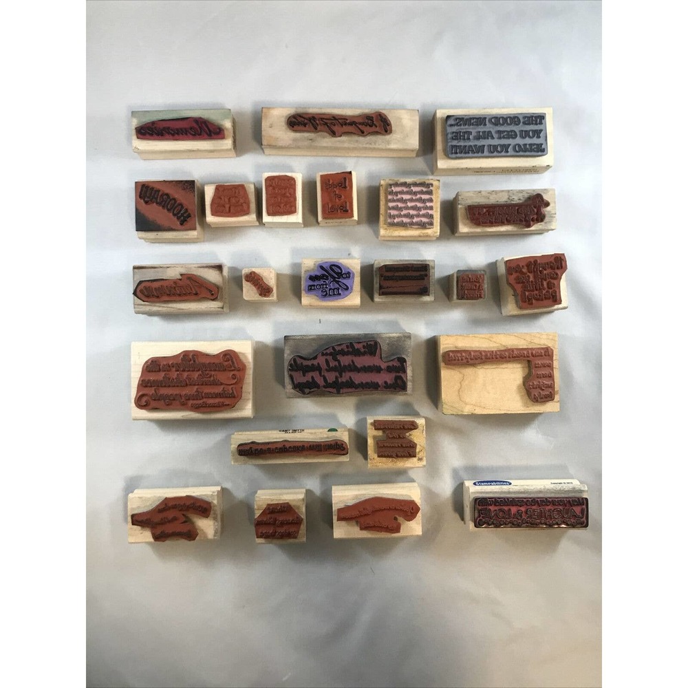 Lot of 24 Wood Mounted Rubber Crafting Stamps Words and Phrases * N3-4 - Picture 2 of 7
